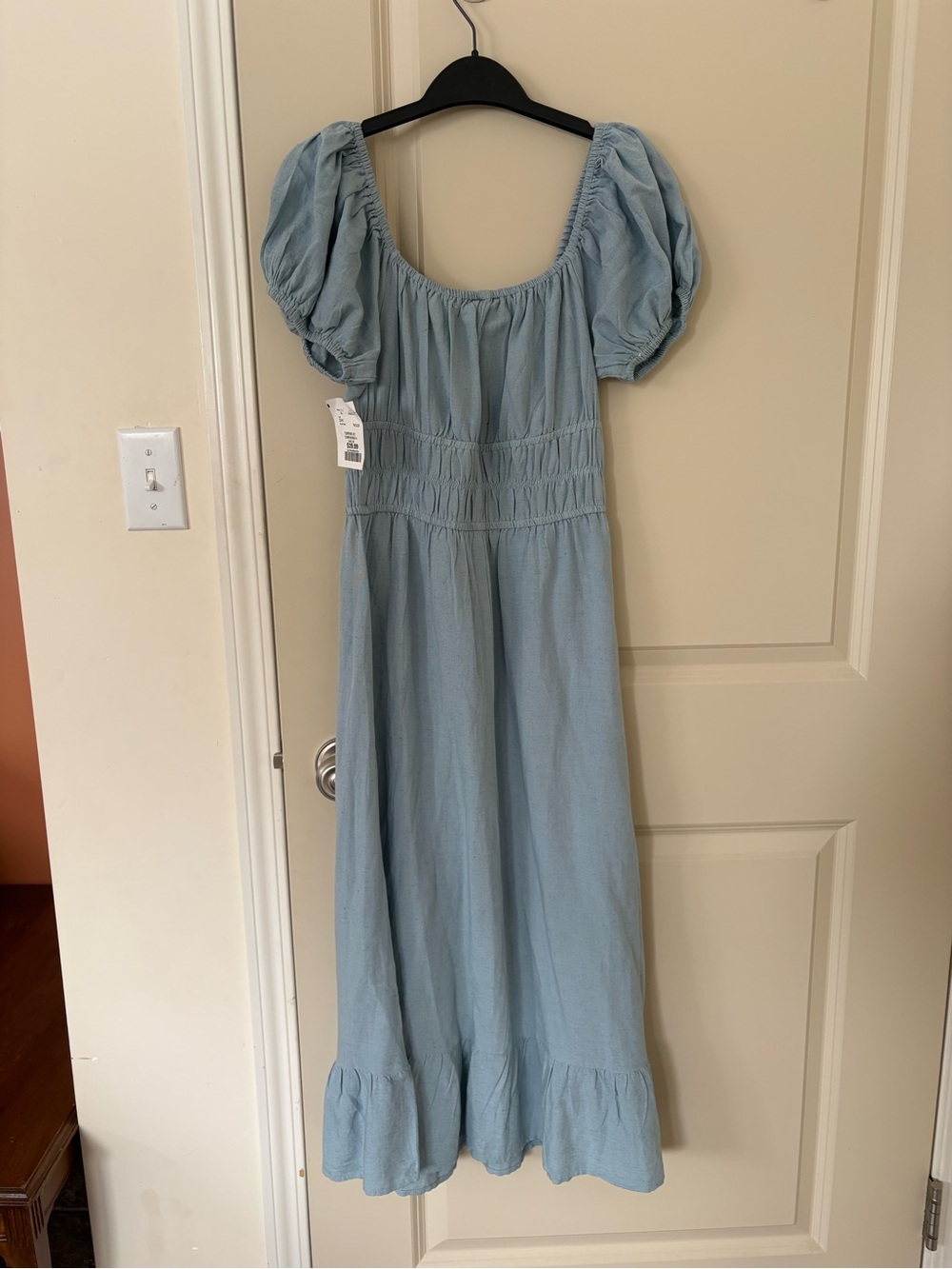 Women’s Light Blue Puff-Sleeve Maxi Dress with Smocked Waist